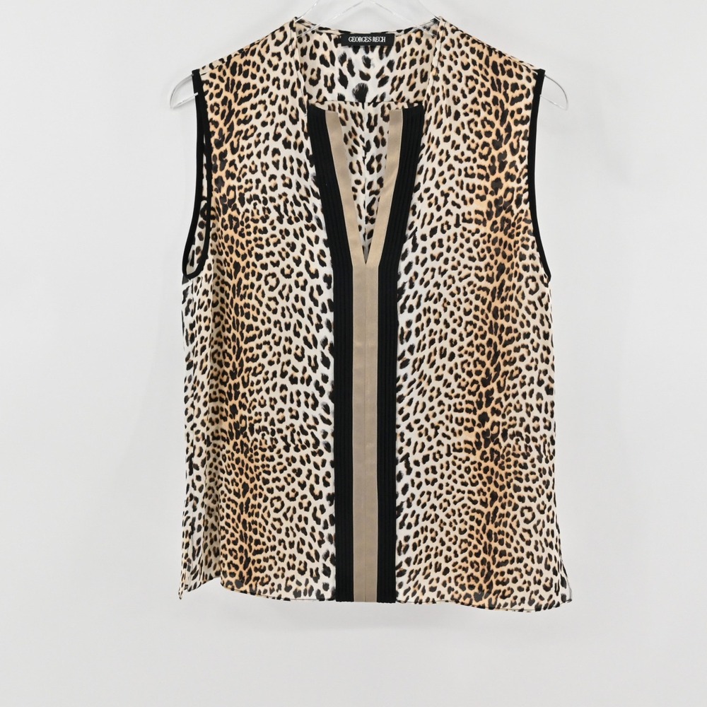 Georges Rech Silk Leopard Top Womens Size 42 Beige Black Sleeveless Chic Blouse‎